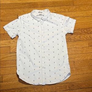 Denim & Flower Short Sleeve Shirt with Black Print